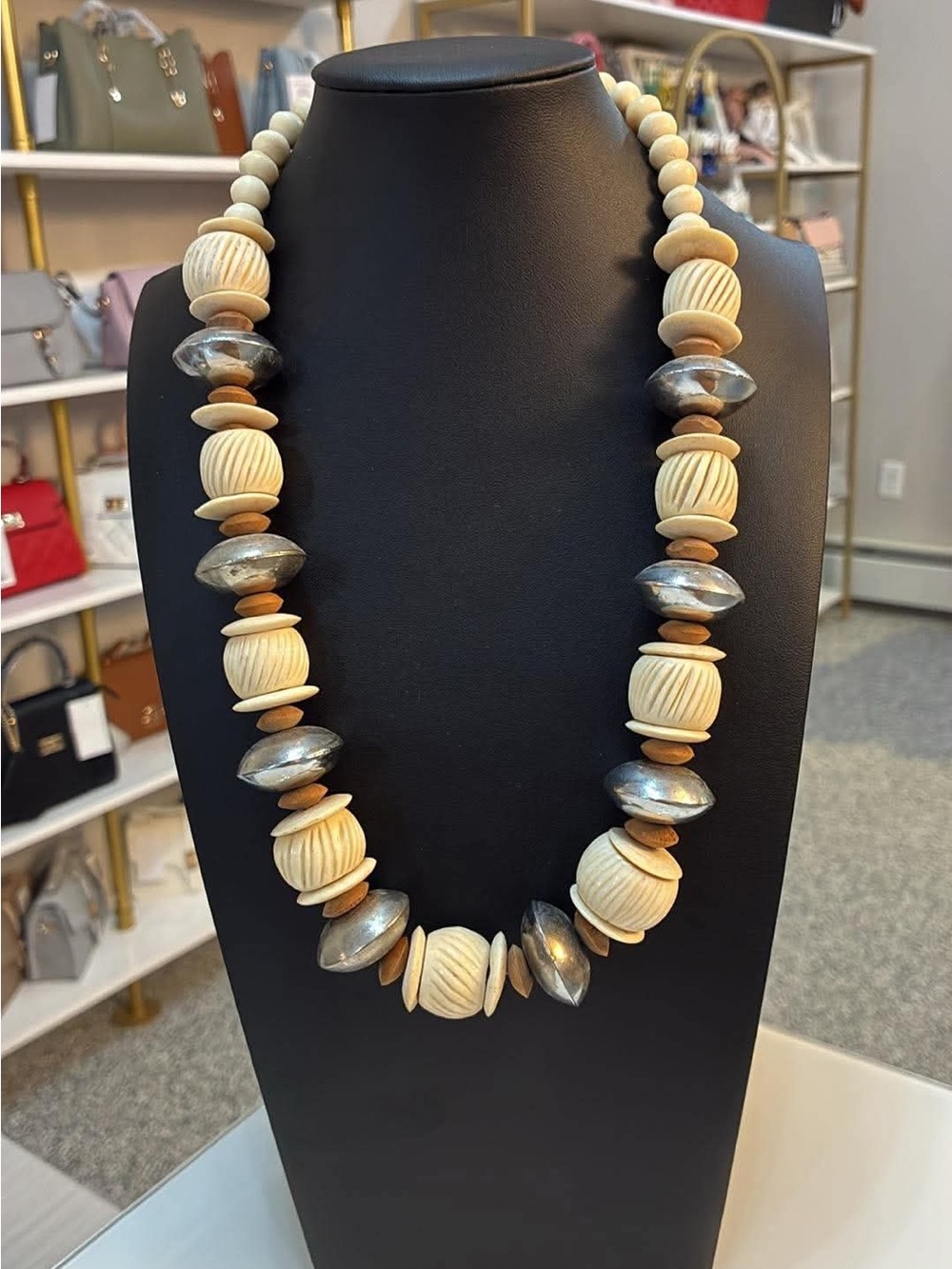 Handcrafted Cream and Silver Beaded Statement Necklace BONE & WOOD